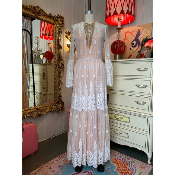 Vintage 1970 victor costa lace maxi dress nude illusion boho wedding bell sleeve